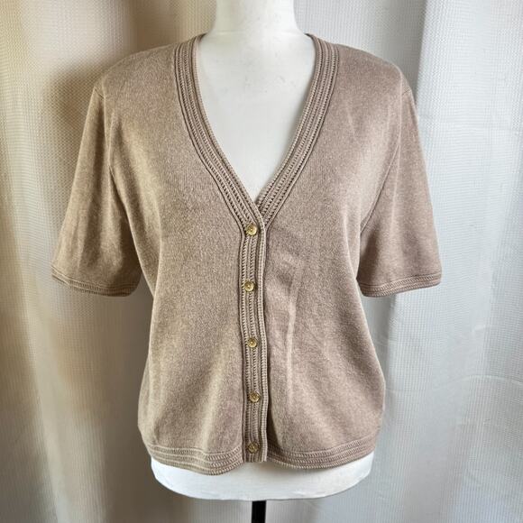 Joie V-Neck Short Sleeve Button Front Size XL Taupe Womens Cardigan Quiet Luxury - Picture 1 of 10